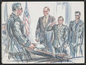 Caricature of William Calley Jr. in court, surrounded by lawyers and military officials.
